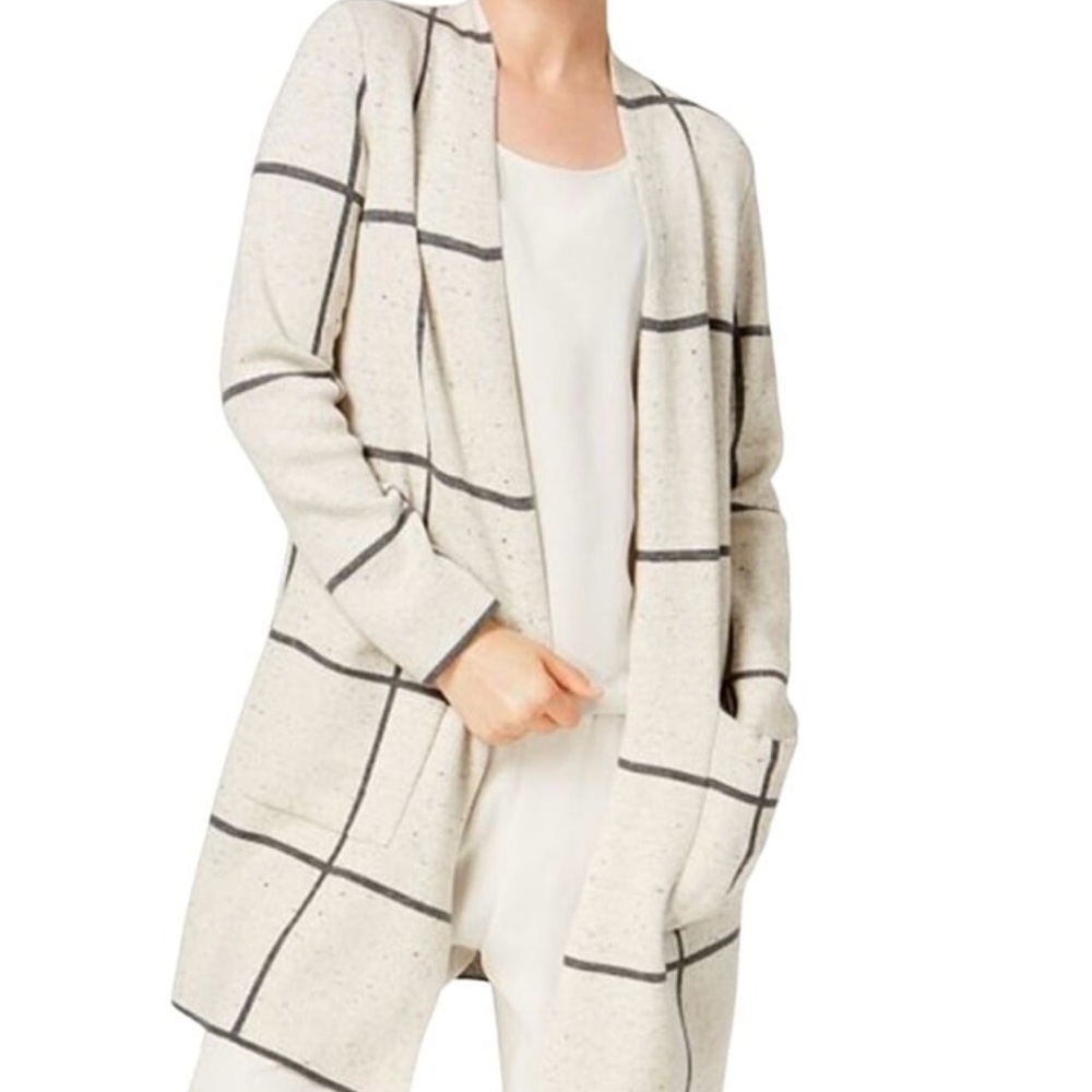 Eileen Fisher Peppered Wool Blend Windowpane Sweater Cardigan Size Small